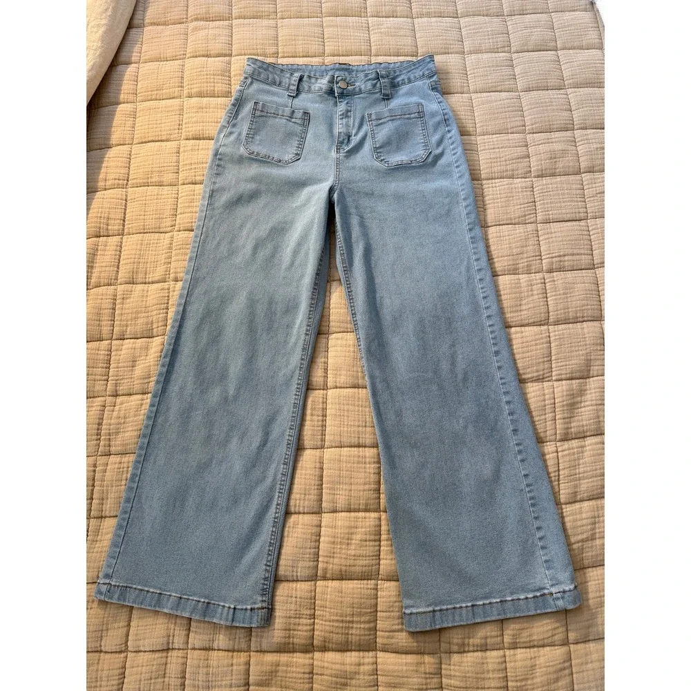 Unbranded Jeans Women XL Blue Wide Leg High Rise Front Patch Pockets Stretch